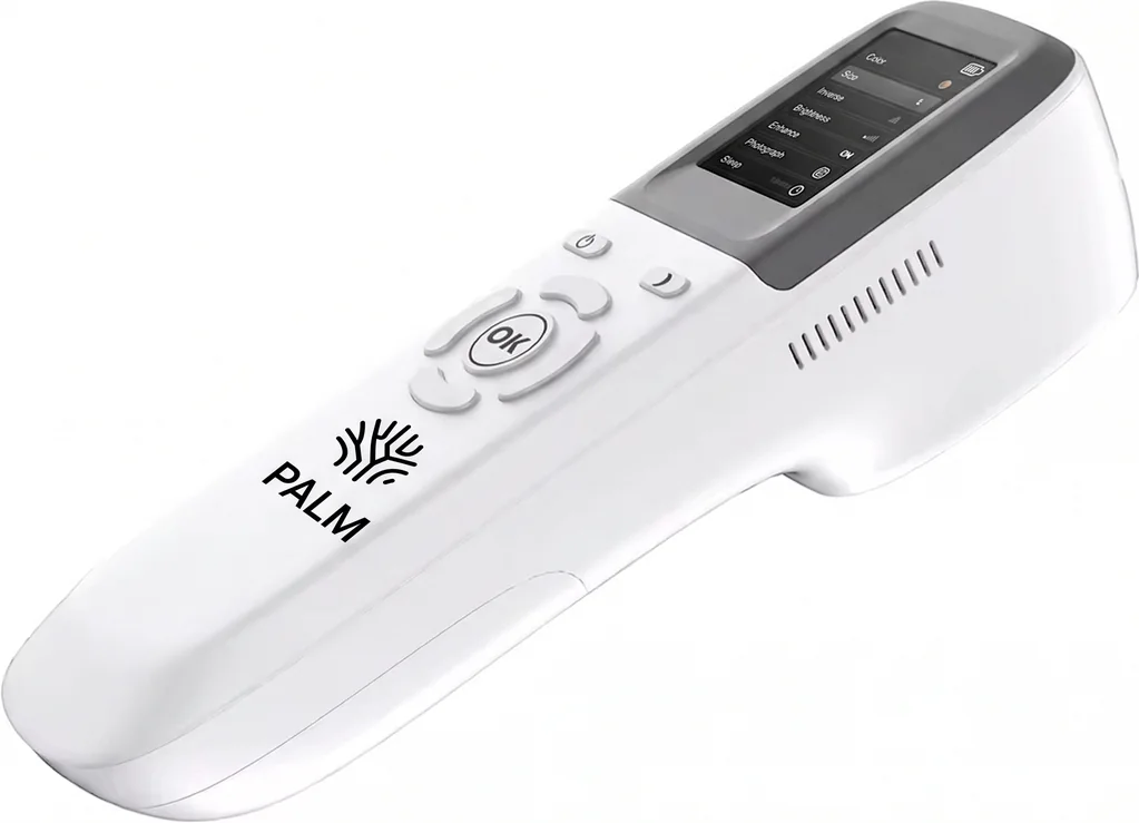 Fleboscópio Palm com tela de ajustes e botões de controle