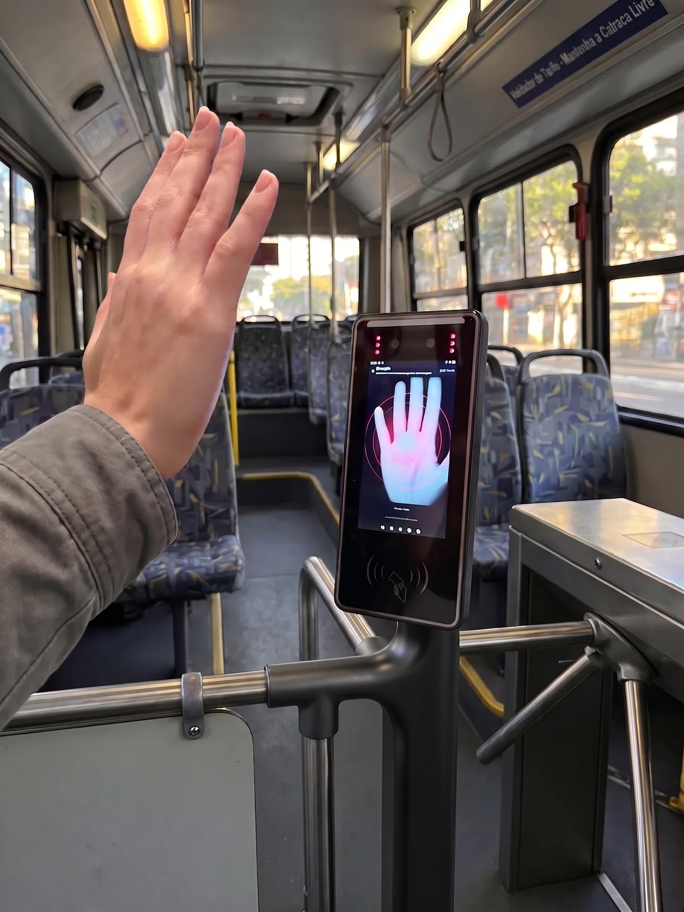 Passageiro aproxima a mão do validador Palm dentro do ônibus, ao lado da catraca