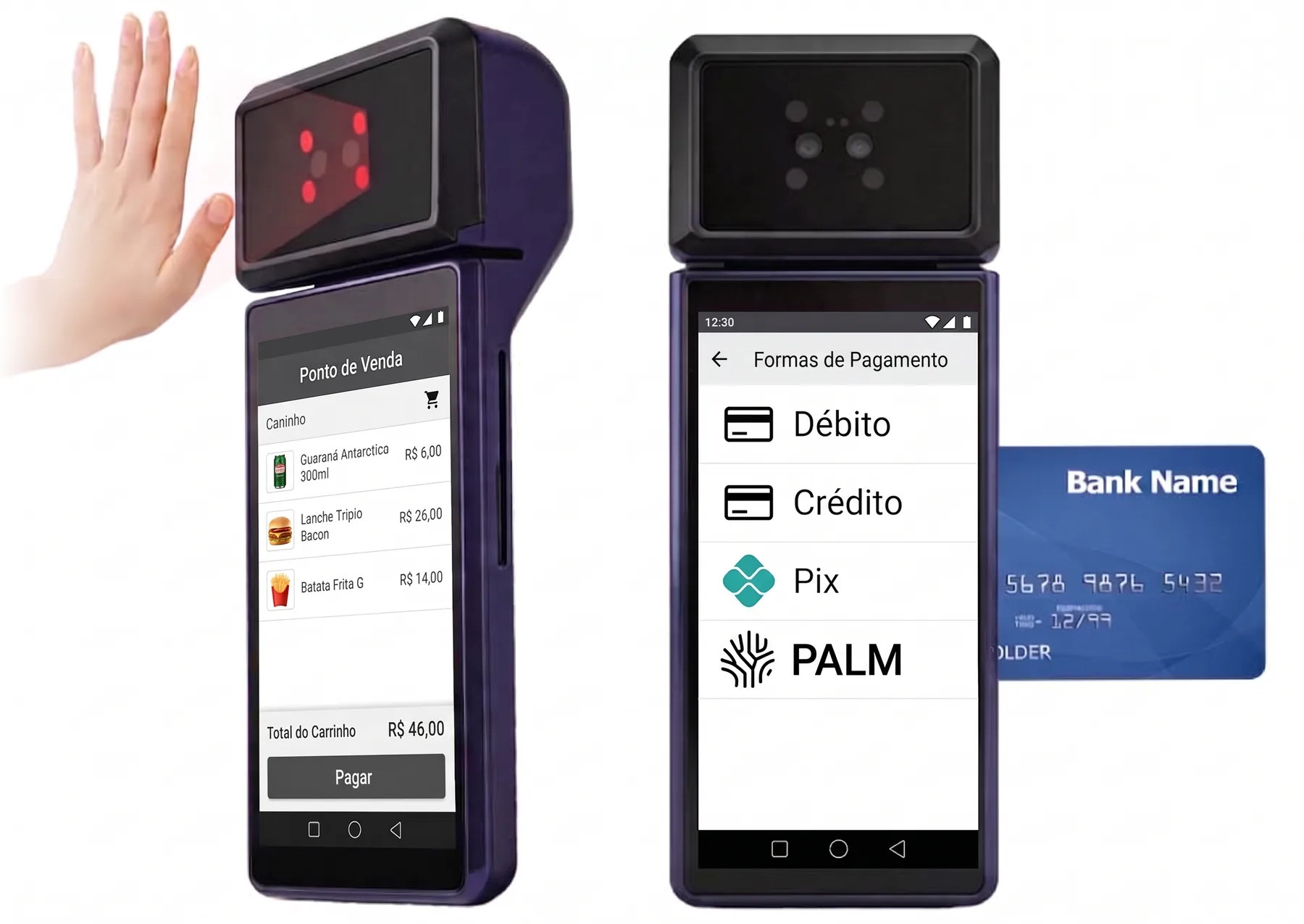 Maquininha Palm Pay com sensor de palma: tela de venda e tela de formas de pagamento com PIX e Palm