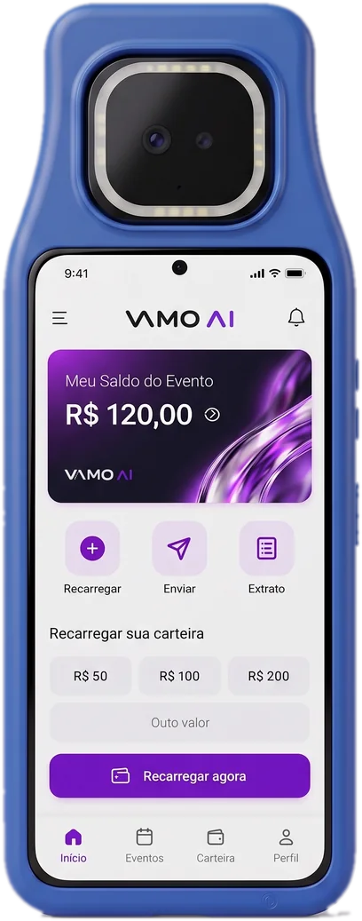 Terminal Vamo Ai com sensor de palma e app de saldo do evento